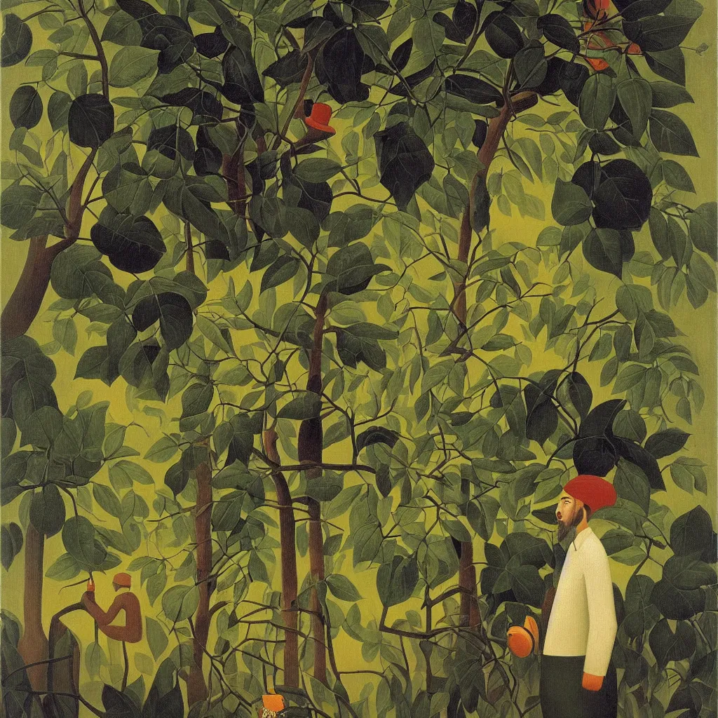 Image similar to i, a man wearing headphone and playing his iphone, by henri rousseau