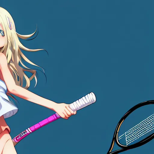 Prompt: a very beautiful young anime tennis girl, full body, long wavy blond hair, sky blue eyes, full round face,, bikini, miniskirt, front view, mid - shot, highly detailed, cinematic wallpaper by wlop
