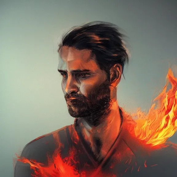 Image similar to marco bucci. digital painting of man on fire. Handsome. Long hair. portrait. ArtStation. Rule of thirds. Silouette. Pain.