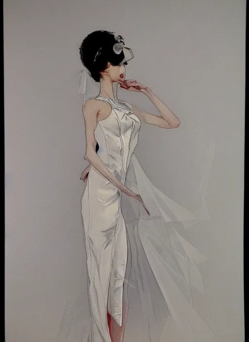 Prompt: a low angle copic maker art nouveau portrait of a japanese futuristic skinny russian beautiful girl detailed features wearing a latex wedding dress with a puffy skirt designed by balenciaga by john berkey, norman rockwell akihiko yoshida