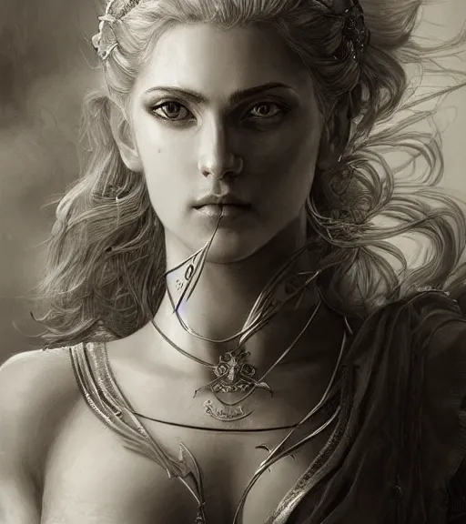 Image similar to beautiful aphrodite goddess as an archer warrior, beautiful piercing eyes, flowing blonde hair, realistic face, black and white drawing, in the style of greg rutkowski, fantasy, amazing detail, epic, intricate, elegant, smooth, sharp focus