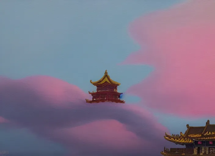 Image similar to an oil painting of a chinese temple floating among the clouds during a pink sunset