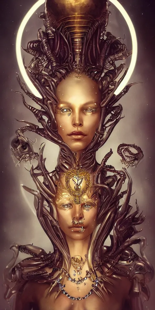 Image similar to realistic character concept, alien queen with lots of jewelry in the face, elegant pose, scifi, illustration, slender symmetrical face and body, artstation, cinematic lighting, hyperdetailed, cgsociety, 8 k, high resolution, charlie bowater, tom bagshaw, single face, insanely detailed and intricate, beautiful, elegant, golden ratio, dark fractal background, vfx, postprocessing