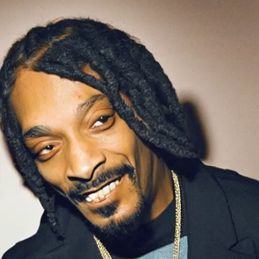 Image similar to Snoop Dog with big eyes eye color red , smiling and holding a joint in his hand