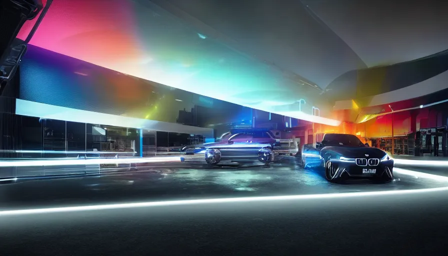 Image similar to bmw marketing photo, neon lights, light streaks, octane render