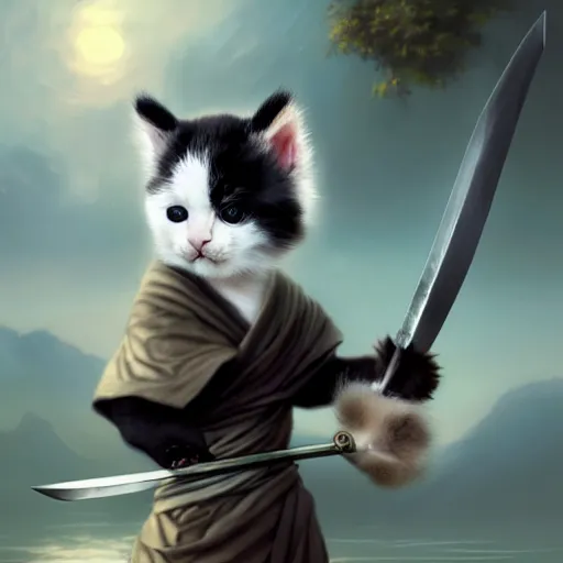 Prompt: cute kitten with panda body and cat face, in a kimono, holds a sword, artwork by greg rutkowski, highly detailed, matte painting, magic the gathering 4 k