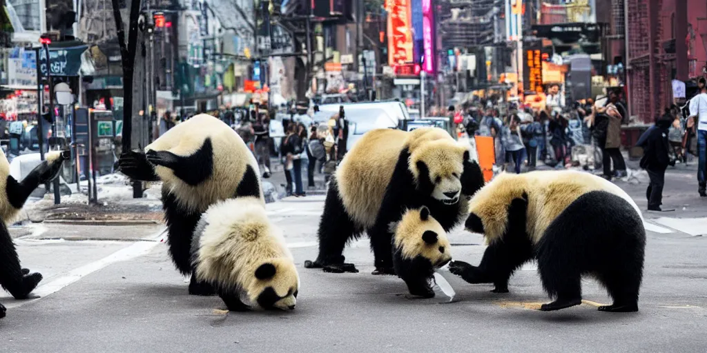 Prompt: a street battle between panda bears and lions with lasers in new york city