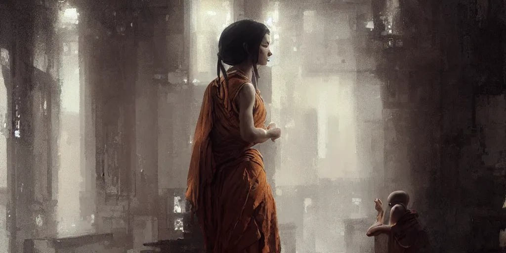 Image similar to female monk girl, beautiful face, rule of thirds, intricate outfit, spotlight, by greg rutkowski, by jeremy mann, digital painting