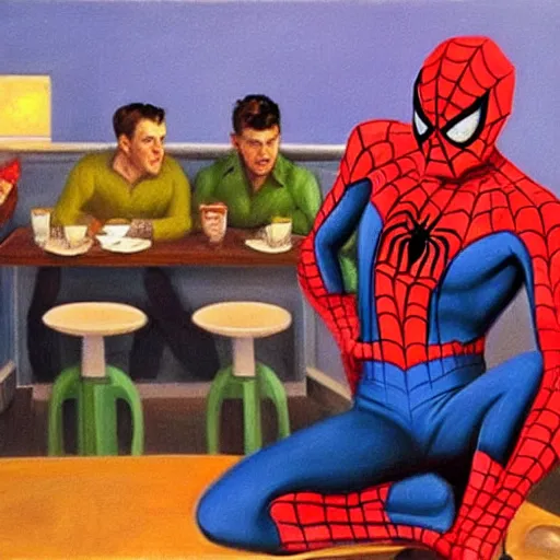 Image similar to spiderman sitting down in a diner. Painted oil on canvas. In the style of Nighthawks 1942 Painting by Edward Hopper