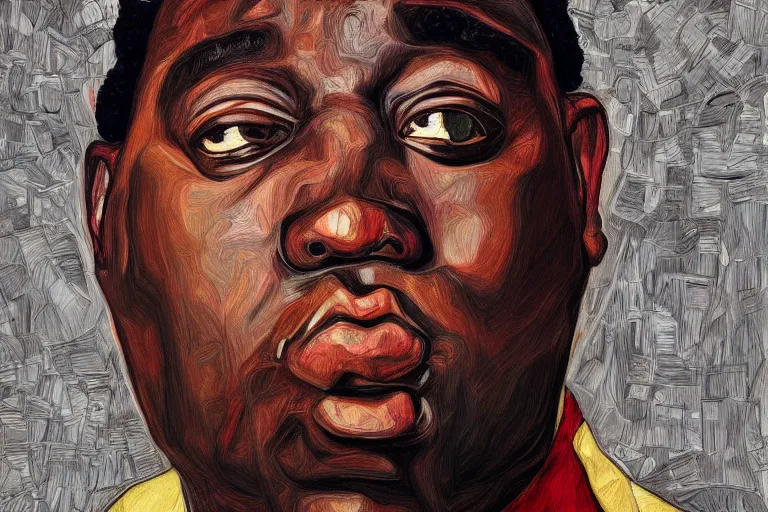 Image similar to a portrait of biggie smalls in style of egon schiele, masterpiece, hyperdetailed, complex, intricate, 4 k, trending on artstation