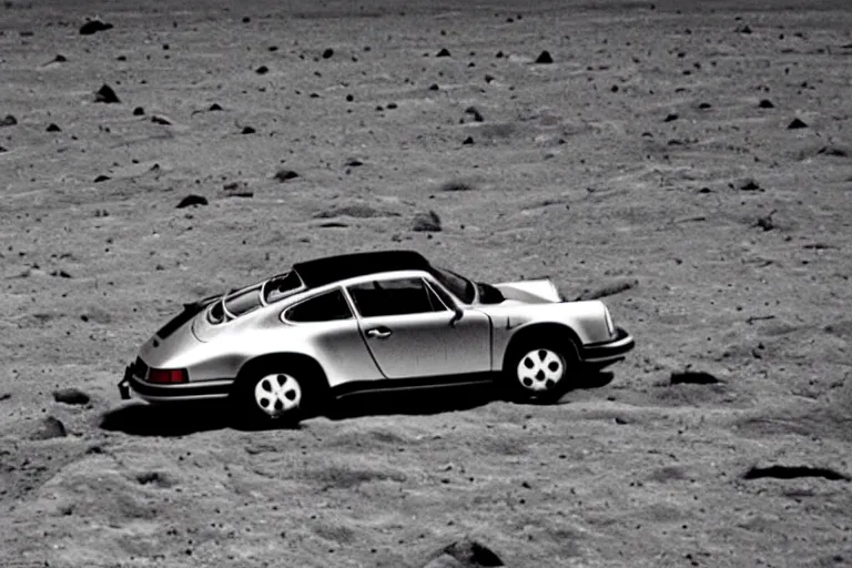 Prompt: vintage photo of a porsche 911 on the moon being driven by an astronaut. apollo moon landing