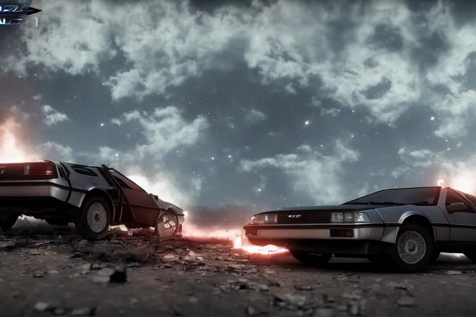 Prompt: ultra realistic delorean dmc 5 and mazda rx 7 parallel drift on road wreckage orbiting earth in space, dark cinematic, volumetric, realistic, 3 d render, realistic render, cinematic lighting, volumetric lighting, atmospheric, cinematic, unreal engine 5, unreal engine render, octane render, hd, photorealism, hyper realistic, 8 k