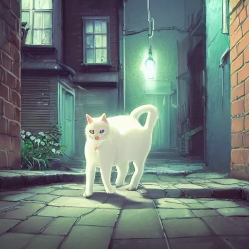 Prompt: a slender white cat walking down an alleyway, detailed face, adventure, nightfall. Quiet, serene, calm night. Over shoulder shot, cat is the focus. Digital illustration, very vibrant colors, soft lighting, atmospheric lighting, 8K, octane render. By Makoto Shinkai, Stanley Artgerm Lau, WLOP, Rossdraws, warrior cats fan art, James Jean, Andrei Riabovitchev, Marc Simonetti, krenz cushart, Sakimichan, D&D trending on ArtStation, digital art.