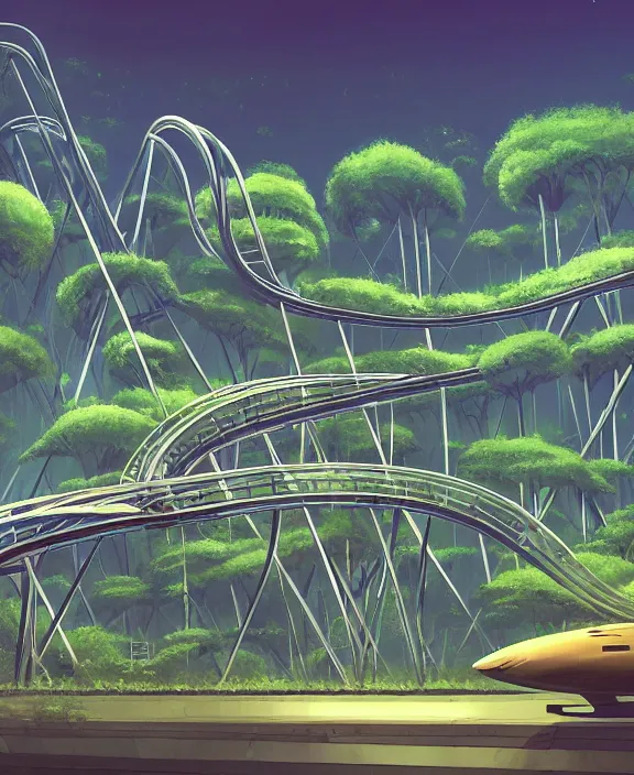 Prompt: simplicity, elegance, a roller coaster building made out of simple organic forms, in the style of a streamlined asymmetrical spaceship, overgrown with jungle, bleak apocalyptic environment, by dan mumford, yusuke murata, makoto shinkai, ross tran, cinematic, unreal engine, cel shaded, featured on artstation, pixiv