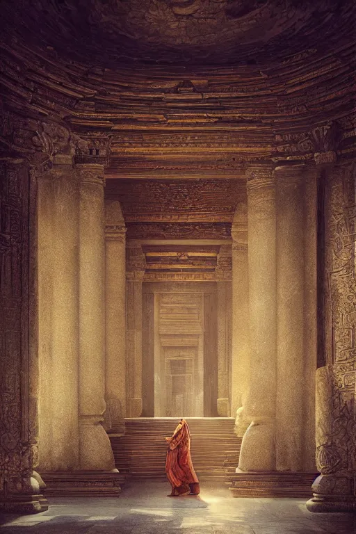 Image similar to inside an ancient temple, portrait, powerfull, intricate, elegant, volumetric lighting, scenery, digital painting, highly detailed, artstation, sharp focus, illustration, concept art, ruan jia, steve mccurry