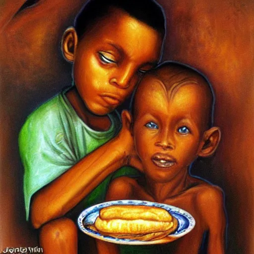 Image similar to oil painting of a malnourished ugandan boy sharing bread with a blond well fed child, by josephine wall american
