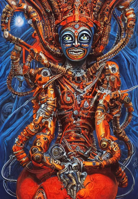 Image similar to biomechanical alien robot goddess kali, female, intense stare, sarcastic smile, symmetrical, concept art, intricate detail, volumetric shadows and lighting, realistic oil painting, 1 9 7 0 psychedelic soviet poster,