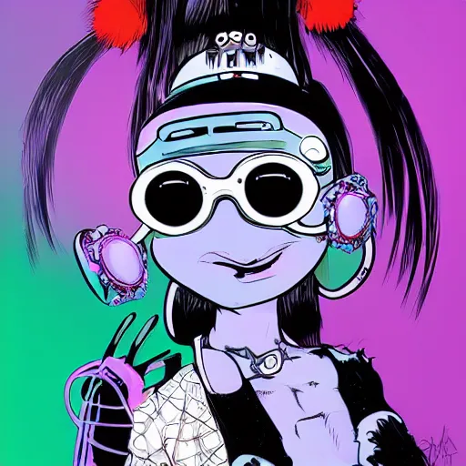 Image similar to cybergoth girl wearing goggles and eccentric jewelry by jamie hewlett, jamie hewlett art, full body character concept art, - h 7 6 8