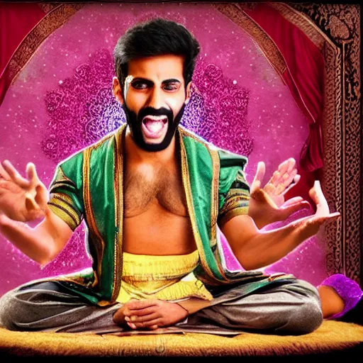 Image similar to bad photoshop of an indian man on a flying carpet singing alladin