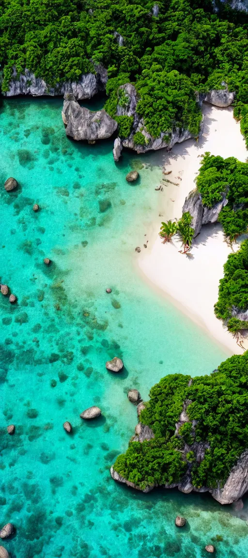 Image similar to koh samui koh krabi crystal clear blue water white sandy beach, 8 k wallpaper, high viewpoint, beautiful lighting, dslr