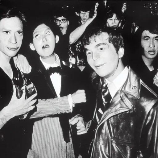 Image similar to godzilla partying at studio 5 4 b & w grainy photograph lots of celebrities including andy warhol