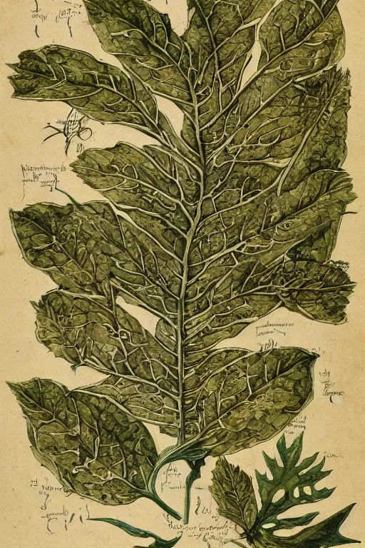 Image similar to scan of the leaves of an old cursed herbarium, by john howe, infographic, textbook, marginalia, cursed, alien, plant specimens, hortorium, scientific study