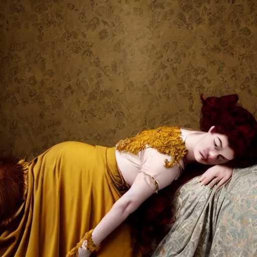 Image similar to preraphaelite photography reclining on bed, a hybrid of judy garland and lady gaga, aged 2 5, big brown fringe, yellow ochre ornate medieval dress, 4 k