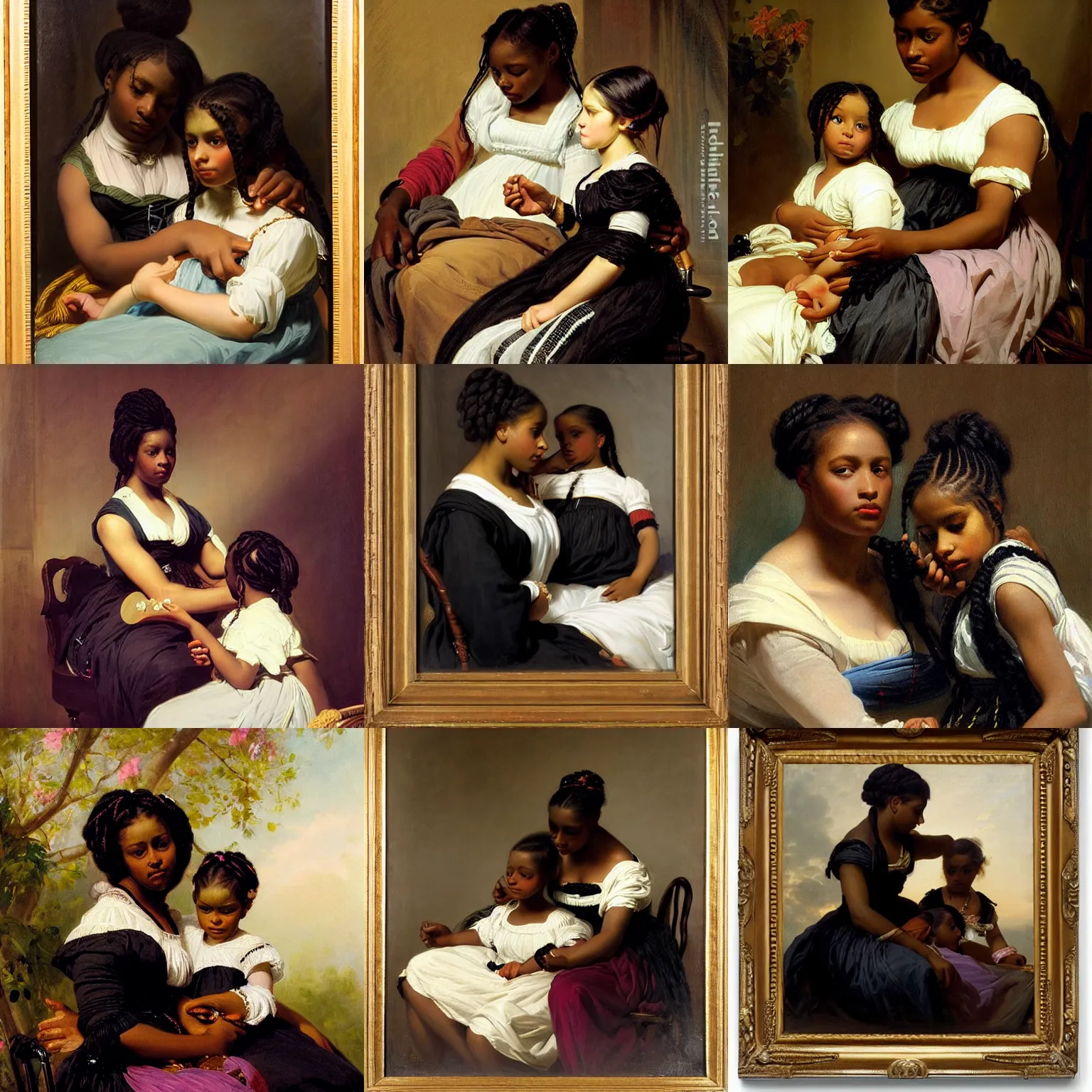 Prompt: beautiful portrait of a black mom braiding her black daughter's hair by franz xaver winterhalter, wearing contemporary clothing