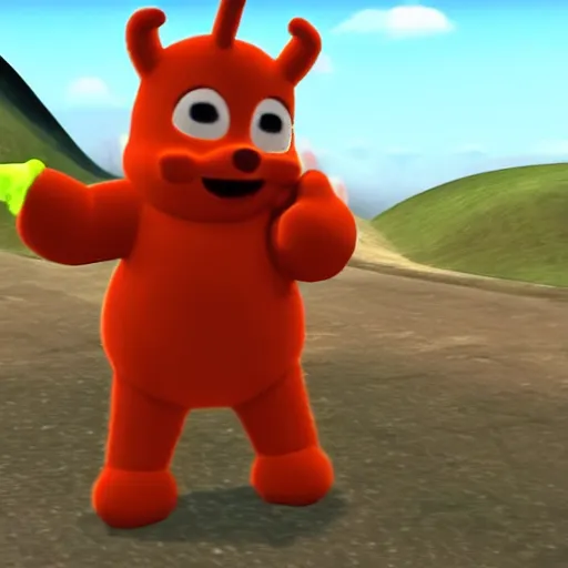 Image similar to popo from the teletubbies on the csgo map dust 2, source engine