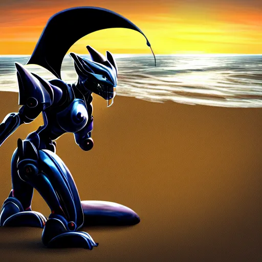 Image similar to pov shot being held in the metal hand of a cute stunning robot anthropomorphic female dragon, with sleek silver armor, a black OLED visor over the eyes, her maw open in front of the camera, about to consume you, on the beach at sunset, highly detailed digital art, furry art, anthro art, sci fi, warframe art, destiny art, high quality, 3D realistic, mawshot, Furaffinity, Deviantart