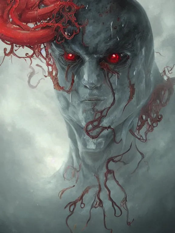 Image similar to painting by greg rutkowski of a flying sorrowful looking human head with tears running down it's eyes, face that is chalk white in color, with long sprawling white tentacles stemming down it's neck, fiery scorching red eyes, flying in a terrying hellish dark cavernous place