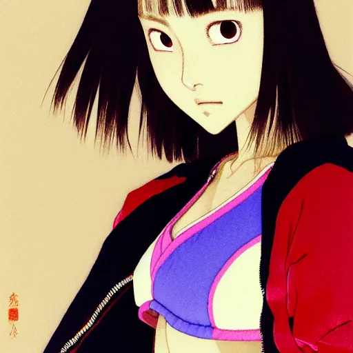 Image similar to a beautiful japanese natalie portman gravure model, wearing oversized native designer bomber jacket and leotard, bulky poofy bomber jacket with mesoamerican patterns, mesoamerican native street fashion, gapmoe yandere grimdark, trending on pixiv fanbox, painted by greg rutkowski makoto shinkai takashi takeuchi studio ghibli, akihiko yoshida