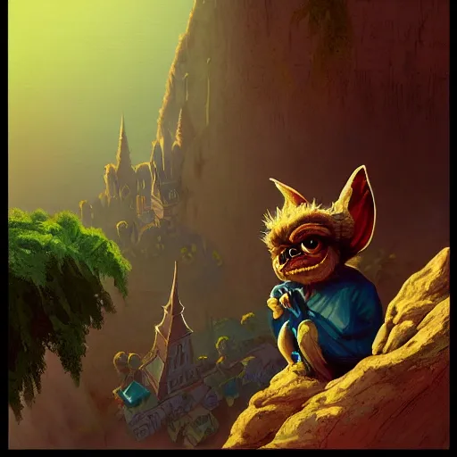 Prompt: gizmo from gremlins! standing on a cliff overlooking a small, quaint, and foggy town being overrun by gremlins, burning church in the center of town, fantasy, dramatic, dramatic lighting, highly detailed, extremely professional digital painting, law of thirds, artstation, concept art, smooth, sharp focus, illustration, by alena aenami and bernardo bellotto, octane render