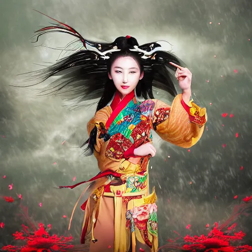 Image similar to An epic fantasy comic book style portrait painting of a female wuxia sword dance Chinese costume , long hair, smoke, feathers flying, flowers rain everywhere, full body XIANXIA, Chinese temple, depth of field, 4k