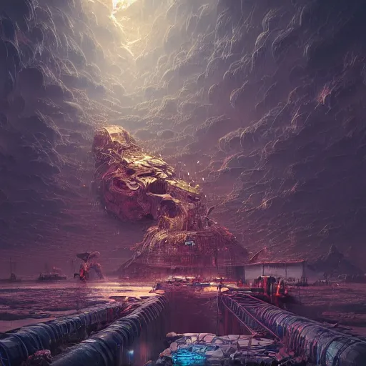 Image similar to the death of humanity, intricate, abstract, magical, wacky, dreadful, horror, concept art by Tooth Wu, by WLOP, by Beeple, by Dan Mumford, by Greg Rutkowski, Octane Render, digital painting highly detailed, trending on Artstation