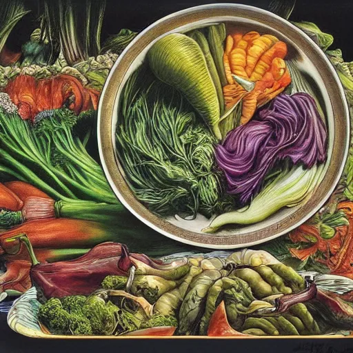 Prompt: a beautiful plate of vegetables, by junji ito, by laurie lipton, by bernie wrightson, masterpiece, stunning, hyper realistic, lots of colours, 8 k