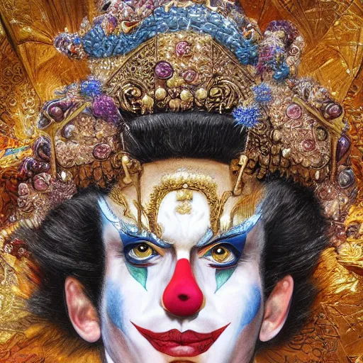 Prompt: uhd photorealistic detailed image of max current, the crypto emperor, dressed as emperor, wearing extremely intricate clown makeup, by ayami kojima amano karol bak