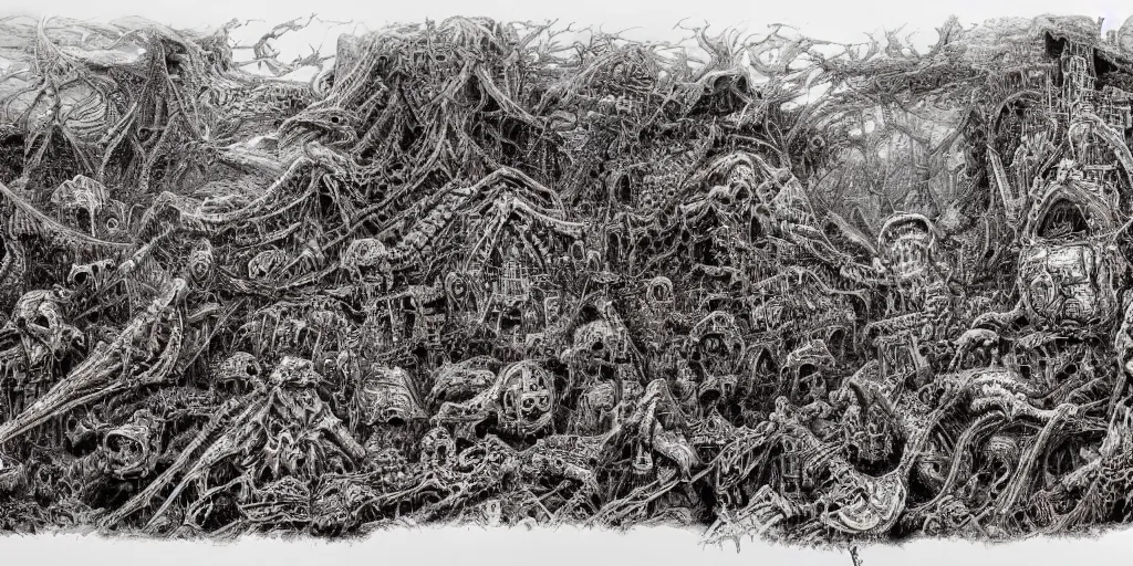 Image similar to ian miller, realms of chaos, landscape, terrifying, ultra detailed