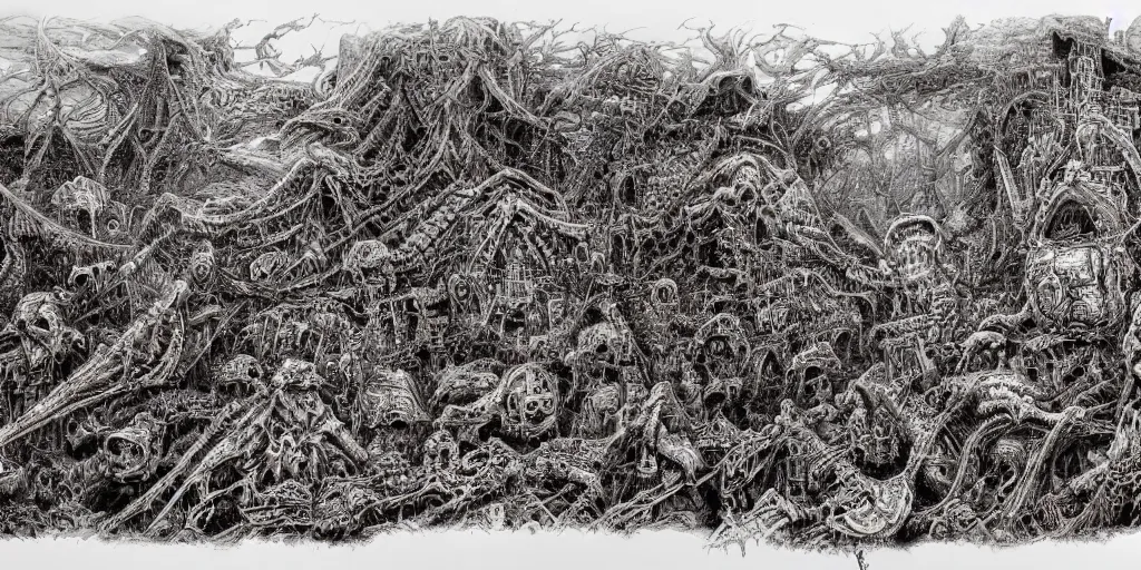 Prompt: ian miller, realms of chaos, landscape, terrifying, ultra detailed