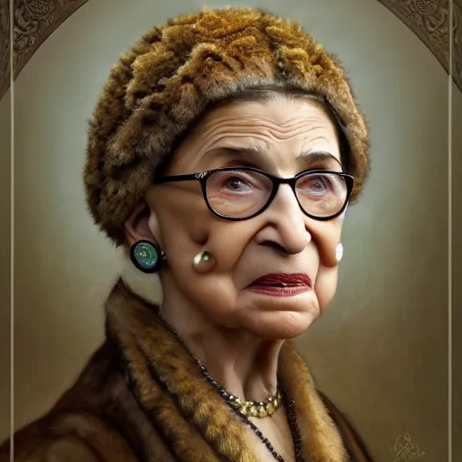 Image similar to Epic Masterpiece head and shoulders portrait of Ruth Bader Ginsburg wearing a bear fur cap drawn by Donato Giancola and Tom Bagshaw, Edmund Leighton, Alphonse Mucha, background by James Jean and Gustav Klimt, 4k, porcelain skin, volumetric lighting, komorebi, french nouveau, trending on artstation, octane render, hyperrealistic