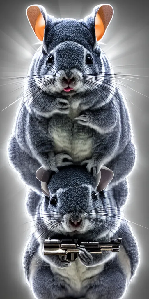 Prompt: cinematic shot chinchilla holding a pistol, hyper realistic, mood lighting, fantasy, detailed face, highly detailed, super realistic, perfect lighting pixel sorting