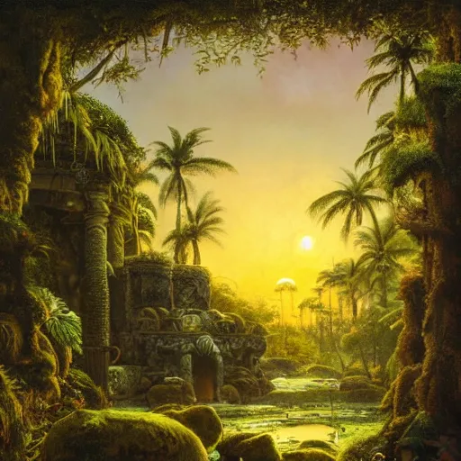 Image similar to a jungle temple surrounded by moss and tropical flowers, with a sunset, by alex horley