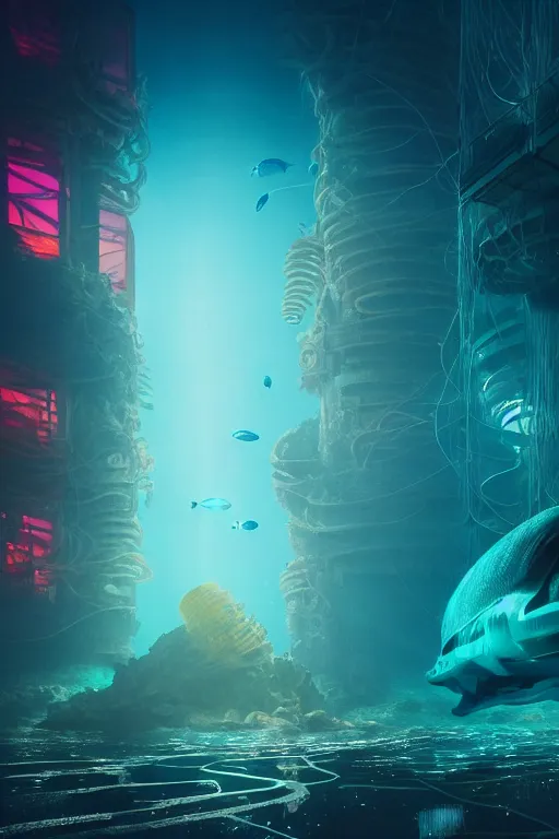 Image similar to high quality photo of cinematic underwater dystopian futurist city ruins with giant bioluminescent multicolored mutant fish and cyborg jellyfish, masterpiece, aykut aydogdu, very dramatic volumetric light, long shot, ground angle uhd 8 k, deep focus