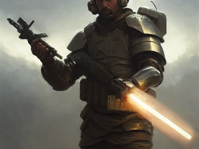 Image similar to ancient slavic knight as futuristic military specops!!!, holding illuminating plasma blade!!!, sci - fi!!, hyperrealistic, highly detailed, cinematic, volumetric sunlight, beautiful, cgssociety, artstation, 8 k, oil painting by greg rutkowski, by artgerm, by wlop