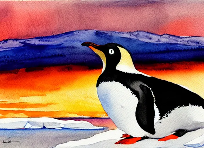 Image similar to a penguin sliding on the ice floe, watercolor, highly detailed, sunset light