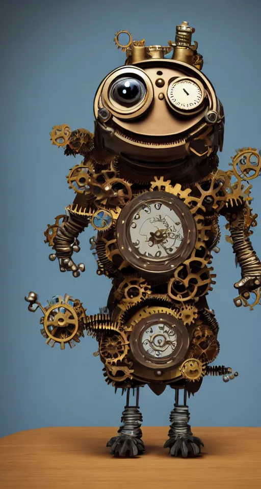Prompt: a tiny cute steampunk monster with cogs and screws and big eyes smiling and waving, back view, isometric 3d, ultra hd, character design by Mark Ryden and Pixar and Hayao Miyazaki, unreal 5, DAZ, hyperrealistic, Cycles4D render, cosplay, RPG portrait, dynamic lighting, intricate detail, summer vibrancy, cinematic
