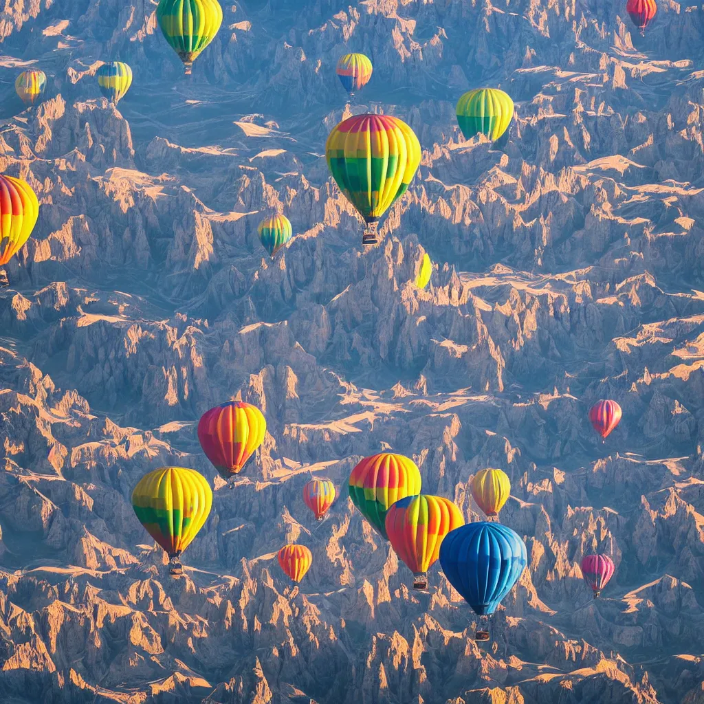 Image similar to sky parade of colorful zeppelins and balloons flying over swirling dolomites, birds eye view, casting shadows, light rays