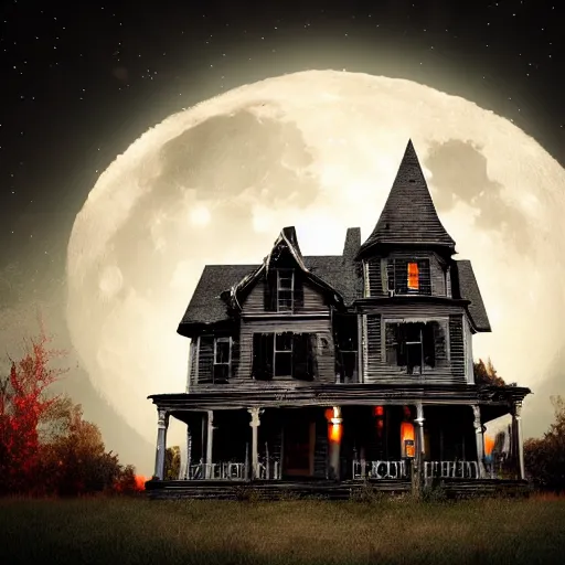 Prompt: haunted house at night, halloween, dramatic lighting, full moon, 8 k, realistic, high detail,