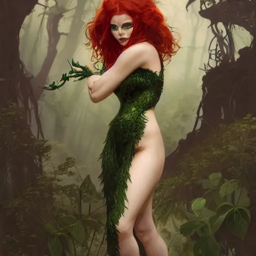 Prompt: a beautiful and detailed matte painting of poison ivy dressed as a seductive vampire cat girl, fantasy, d & d, dark eyeliner, intricate, elegant, highly detailed, digital painting, artstation, concept art, matte, sharp focus, illustration, art by greg rutkowski and alphonse mucha