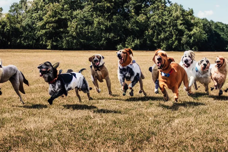 Prompt: a field full of dogs that are running in one direction